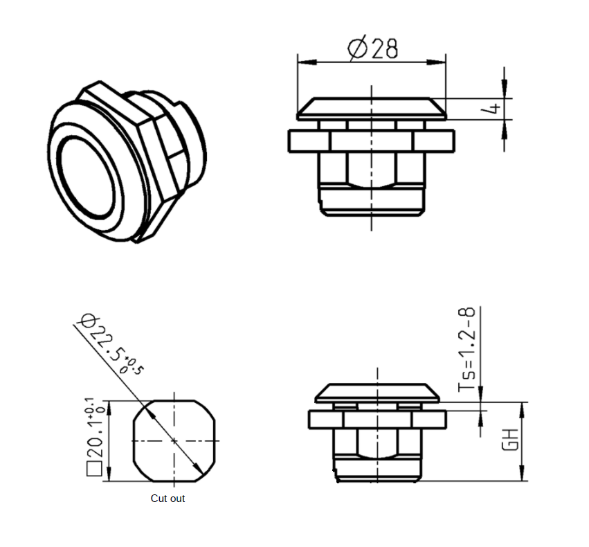 Housing, standard, die-cast zinc, D=28, GH=18, plate thickness=1,2-8 mm
