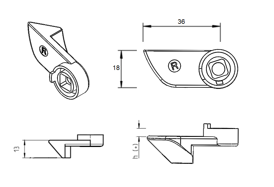 Cam, for slamlock, die-cast zinc, L=36, B=18, offset height=4 mm