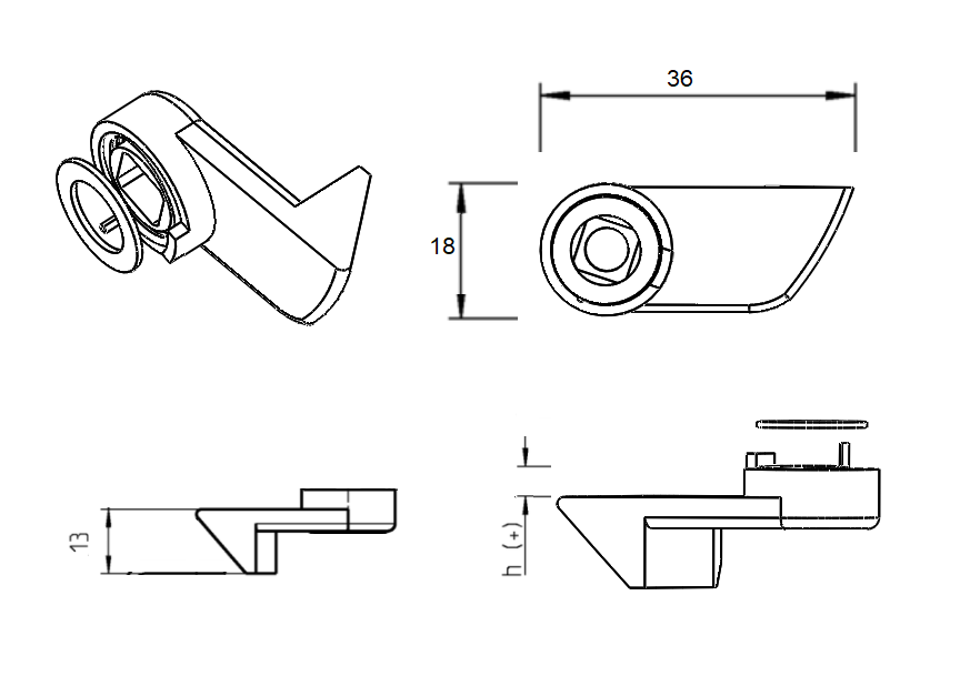 Cam, for slamlock, die-cast zinc, L=36, B=18, offset height=4 mm