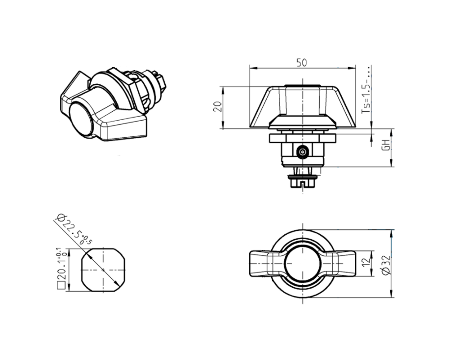 Housing with Wing handle, non locking, die-cast zinc, L=50mm, GH=18mm, plate thickness=1,5-8mm