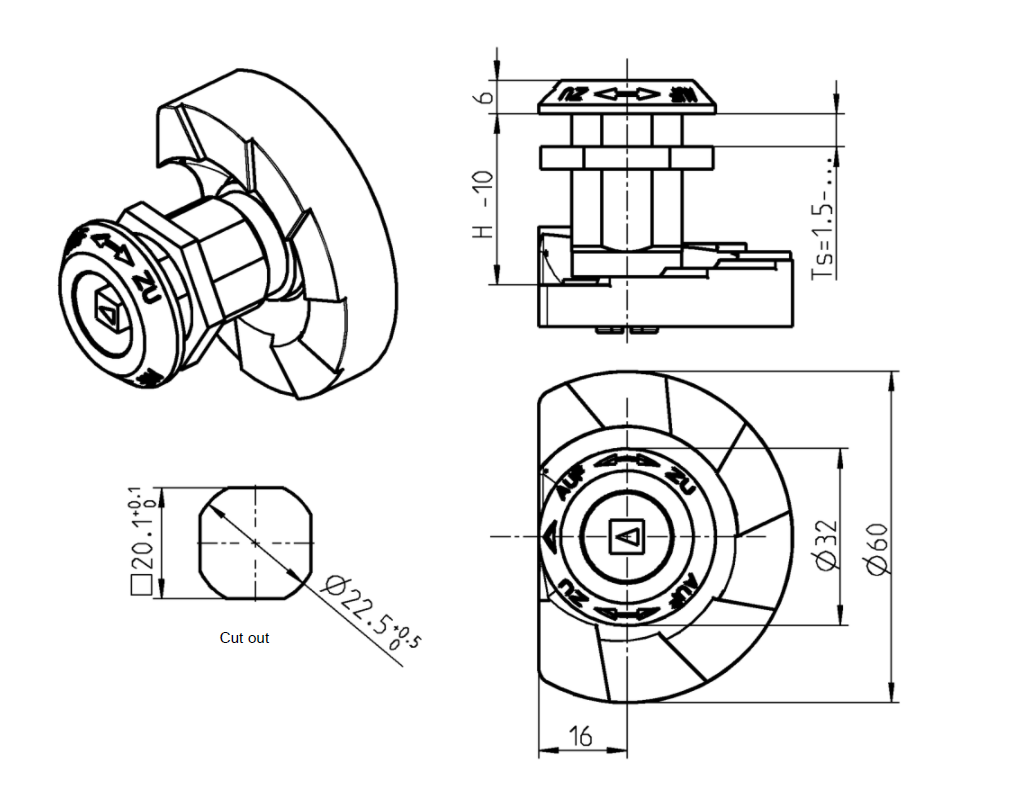 Housing, standard, die-cast zinc, D=32, GH=36, plate thickness=1,5-26 mm