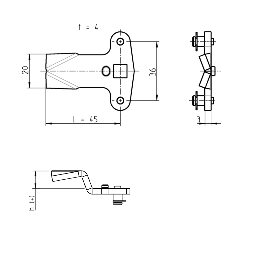Cam, rod control, steel, L=45, B=20, offset height=-2 mm