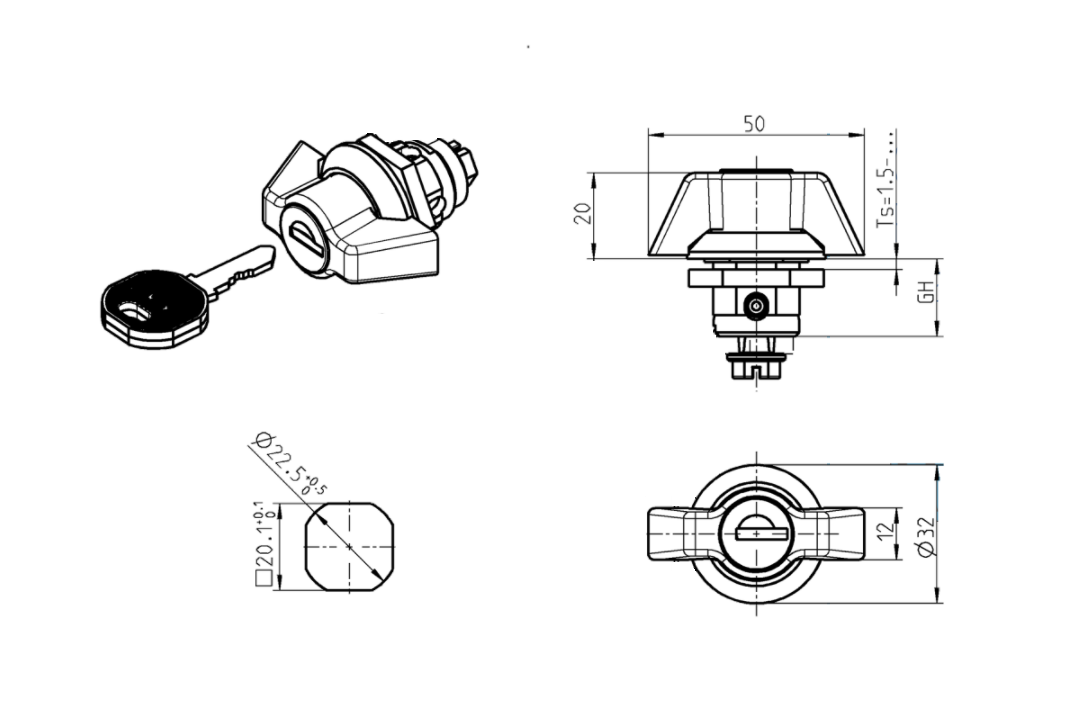 Housing with Wing handle, keyed alike ek333, die-cast zinc, L=50mm, GH=18mm, plate thickness=1,5-8mm