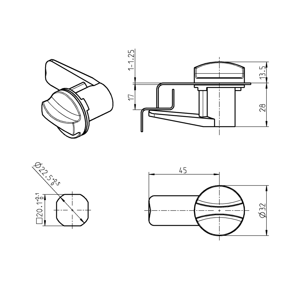 Cam lock, D=32mm, L=45mm, GH=28mm, glass fiber reinforced polyamide, plate thickness=1-1,25 mm
