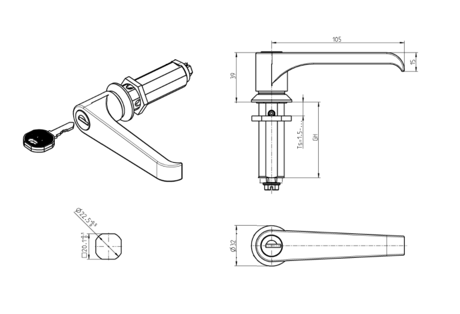 Housing with L-handle, keyed alike ek333, die-cast zinc, L=105mm, GH=30mm, plate thickness=1,5-20mm