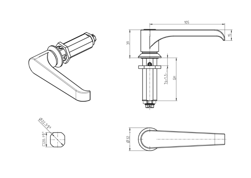 Housing with L-handle, non locking, die-cast zinc, L=105mm, GH=50mm, plate thickness=1,5-40mm
