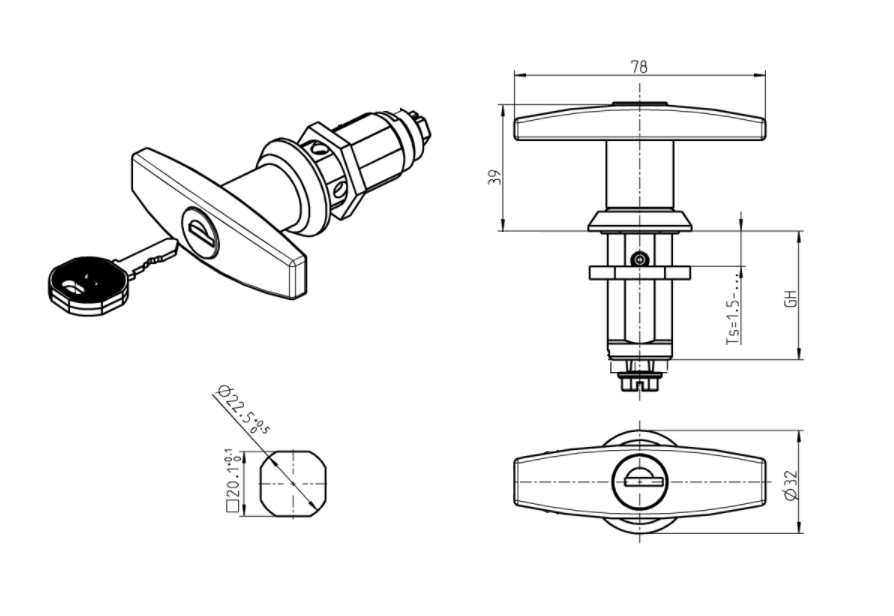 Housing with T-handle, keyed alike ek333, die-cast zinc, L=78mm, GH=30mm, plate thickness=1,5-20mm