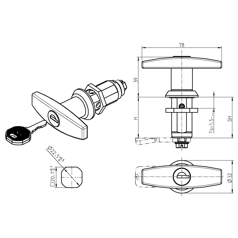 Housing with t-handle, keyed alike ek333, die-cast zinc, L=78mm, GH=40mm, plate thickness=1,5-30mm