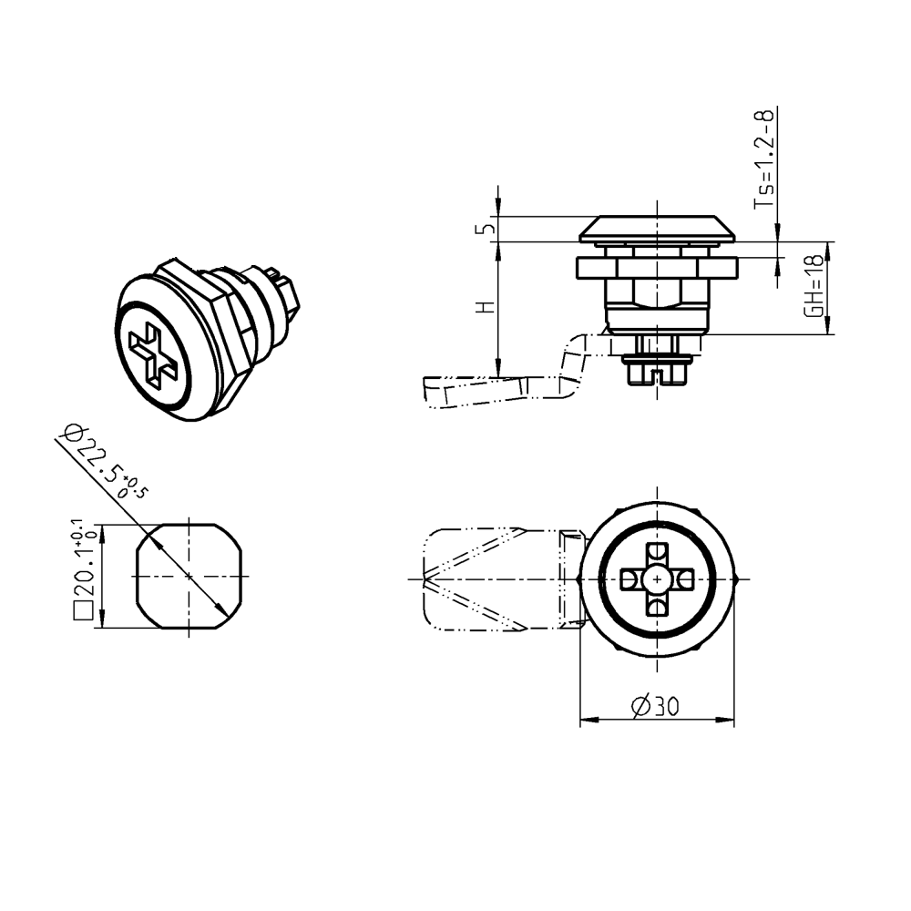 Housing with insert, fiat, non locking, die-cast zinc, L=mm, GH=18mm, plate thickness=1,2-8mm