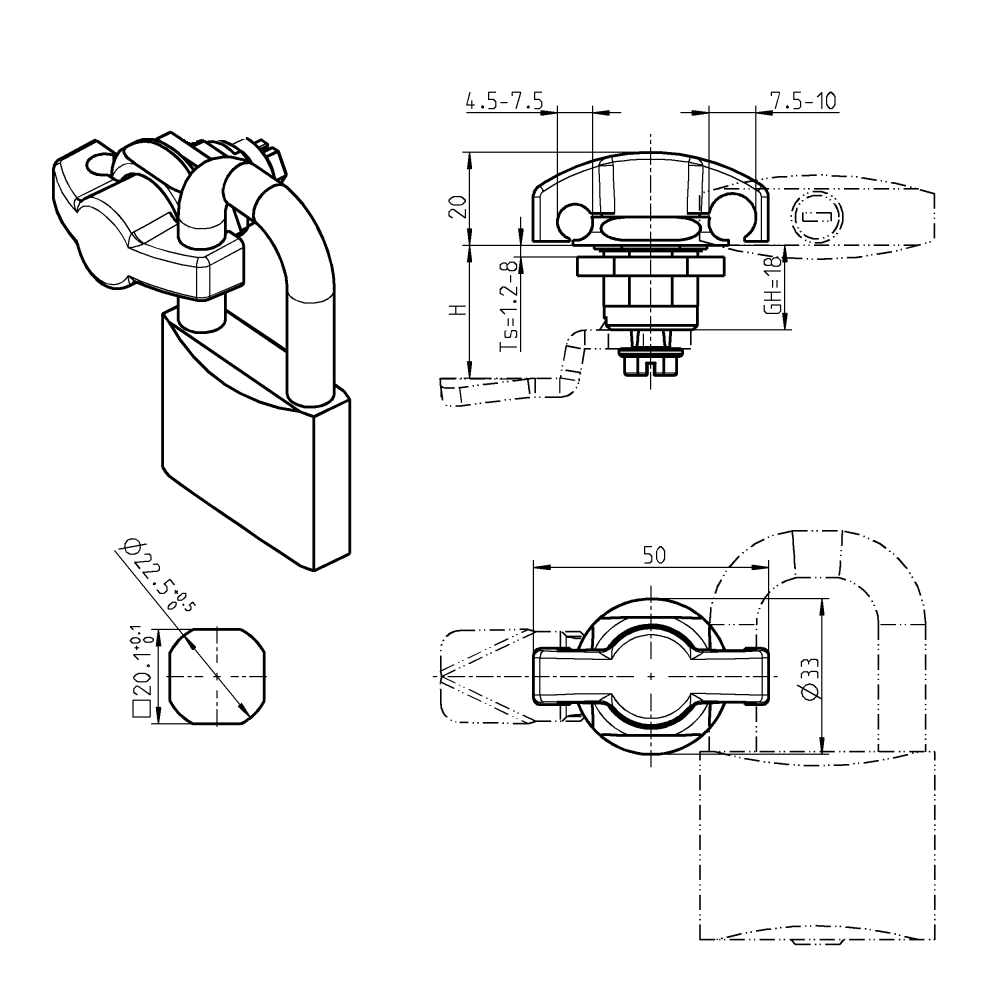 Housing with wing handle, padlock, acid proof stainless steel, L=50mm, GH=18mm, plate thickness=1,2-8mm
