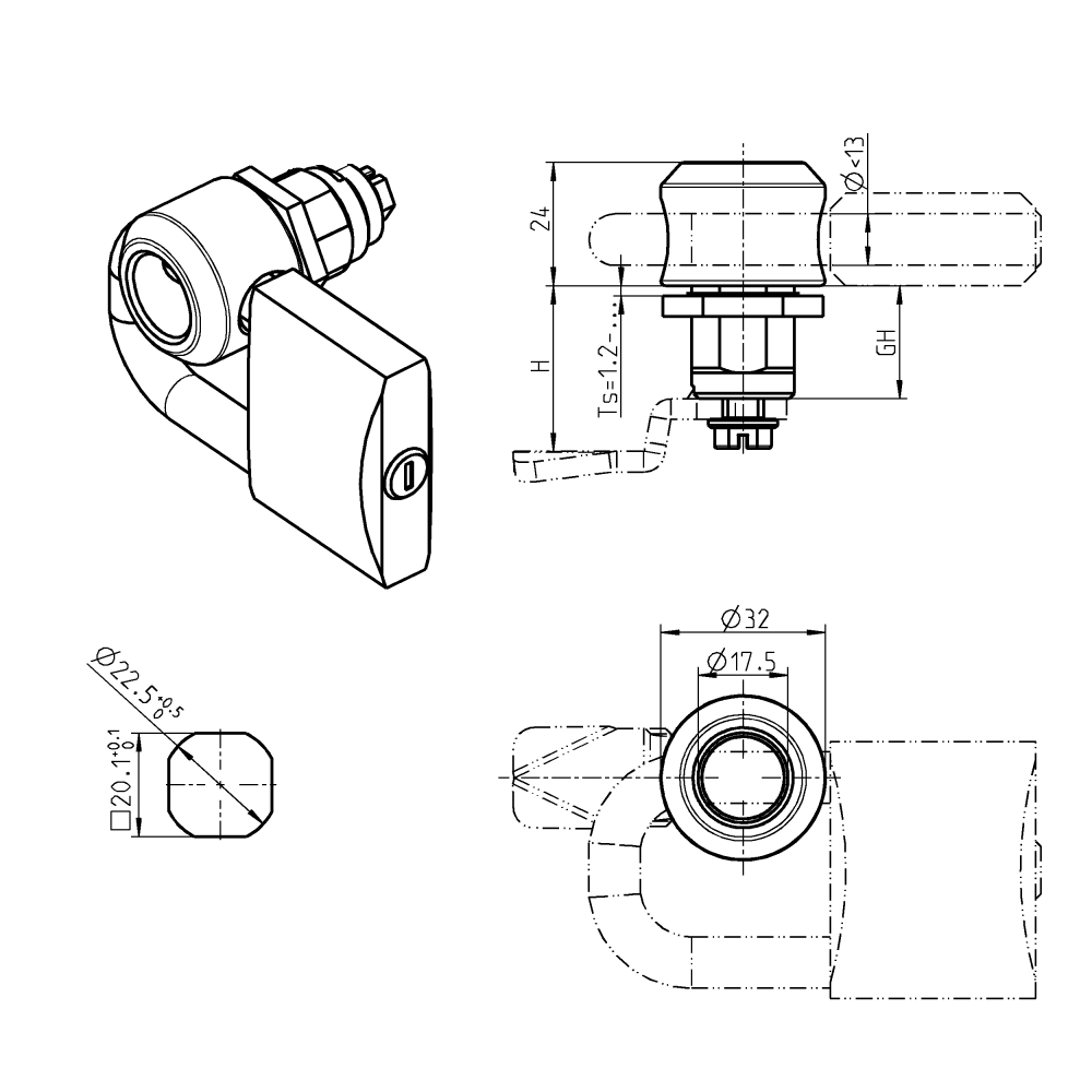 Housing, padlock, die-cast zinc, D=32, GH=22, plate thickness=1,2-13 mm