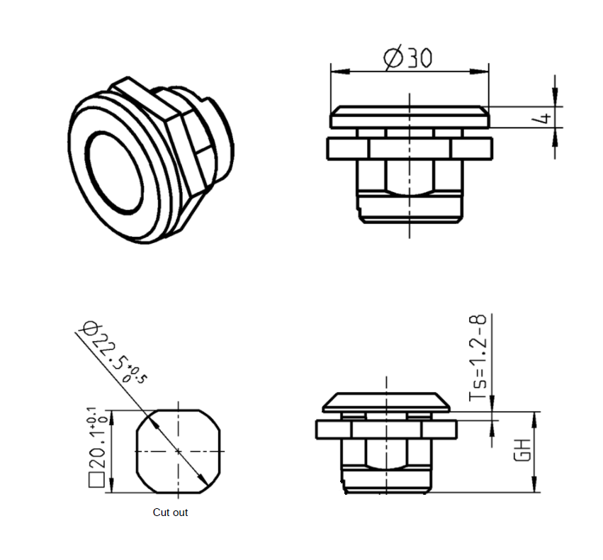 Housing, standard, die-cast zinc, D=30, GH=18, plate thickness=1,2-8 mm