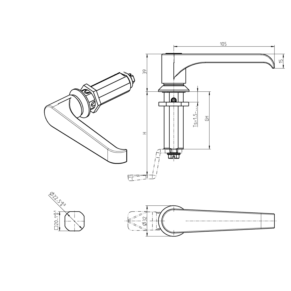 Housing with l-handle, non locking, die-cast zinc, L=105mm, GH=30mm, plate thickness=1,5-20mm