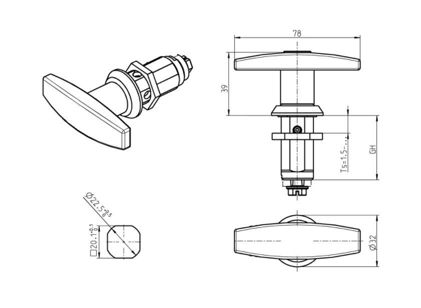 Housing with t-handle, non locking, die-cast zinc, L=78mm, GH=60mm, plate thickness=1,5-50mm