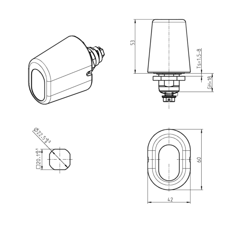 Housing with Wing handle, non locking, die-cast zinc, L=60mm, GH=18mm, plate thickness=1,5-8mm