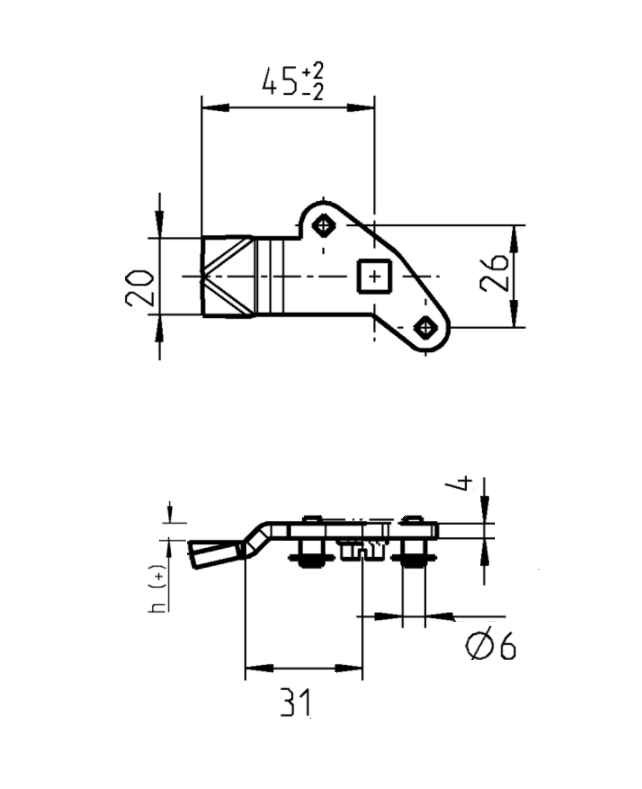 Cam, rod control, steel, L=45, B=20, offset height=7 mm