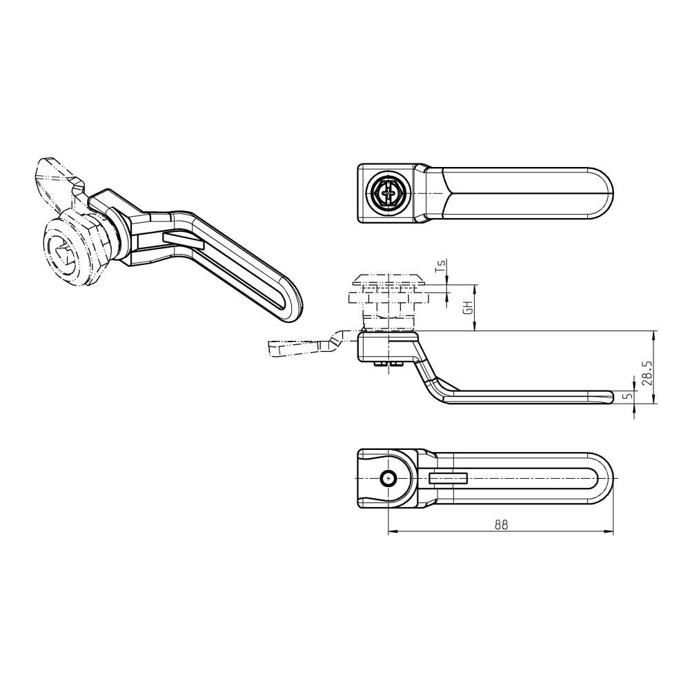 Inside handle, glass fiber reinforced polyamide, L=88, H=28,5, GH=50
