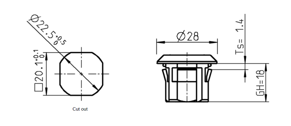 Housing, standard, polyamide, D=28, GH=18, plate thickness=1,4-1,4 mm