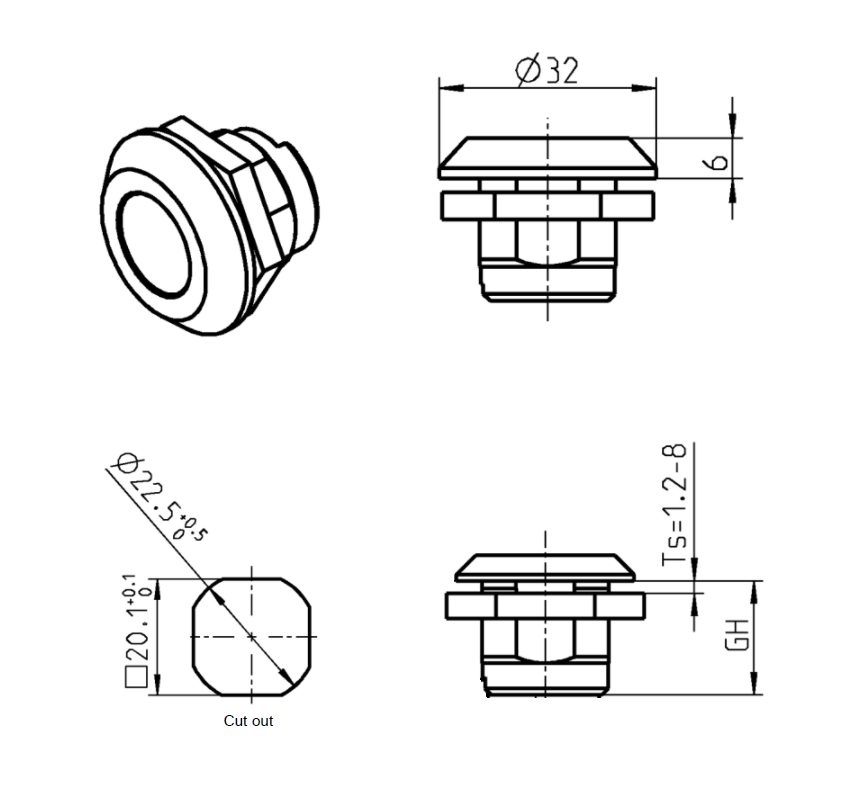 Housing, standard, die-cast zinc, D=32, GH=18, plate thickness=1,2-8 mm