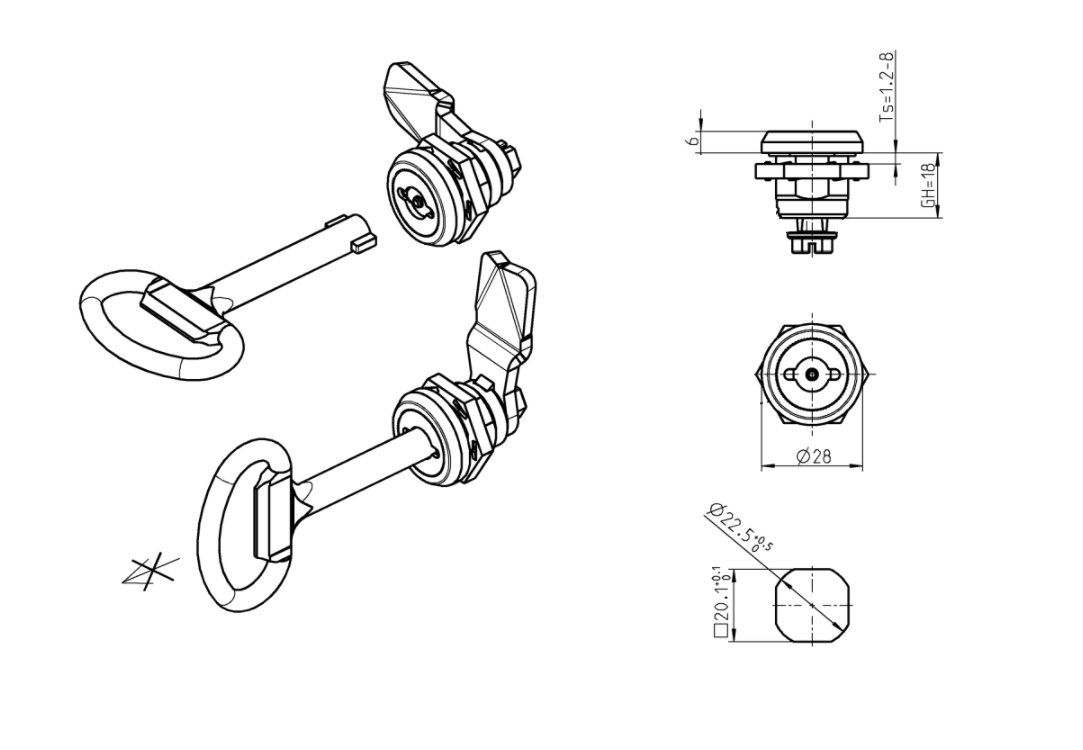Safety lock, stainless steel, type 'double bit 3', left, D=28mm, GH=18mm, plate thickness=1,2-8mm