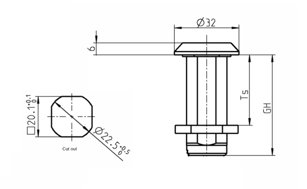 Housing, standard, glass fiber reinforced polyamide, D=32, GH=40, plate thickness=1,5-30 mm