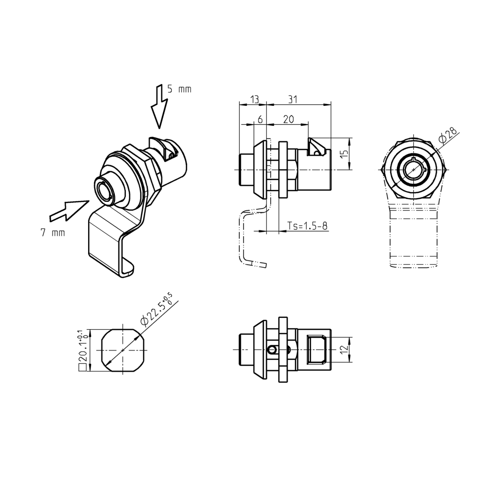 Slam lock, die-cast zinc, nut, length=15, width=12, height=13