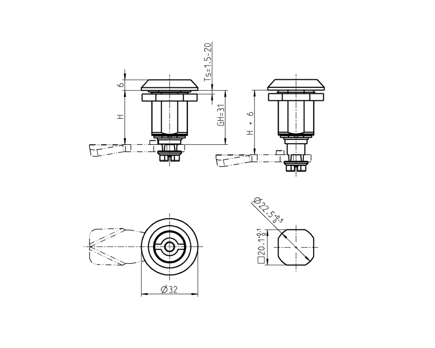 Compression latch, insert 90°, die-cast zinc, DIN 5, stroke=6mm, not adjustable, plate thickness=1,5-20mm
