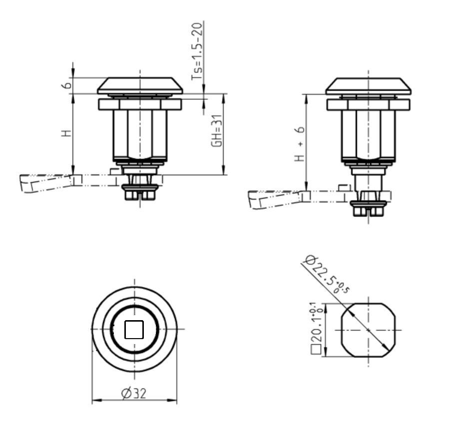 Compression latch, insert 90°, die-cast zinc, Square 8, stroke=6mm, not adjustable, plate thickness=1,5-20mm