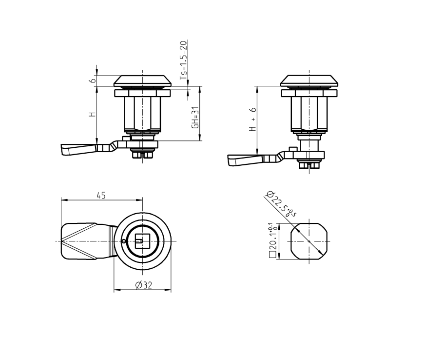 Compression latch, insert 90°, acid proof stainless steel, Square 8, stroke=6mm, not adjustable, plate thickness=1,5-20mm