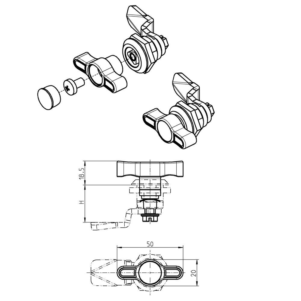 Wing handle, glass fiber reinforced polyamide, triangular 10 with m6 thread, H=18,5