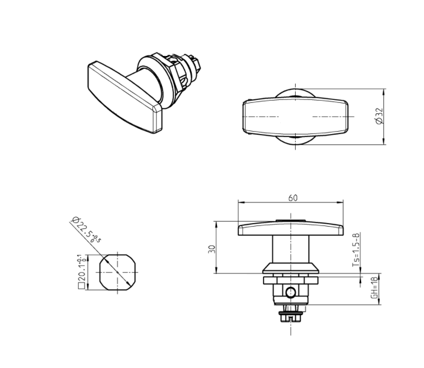 Housing with t-handle, non locking, die-cast zinc, L=60mm, GH=18mm, plate thickness=1,5-8mm