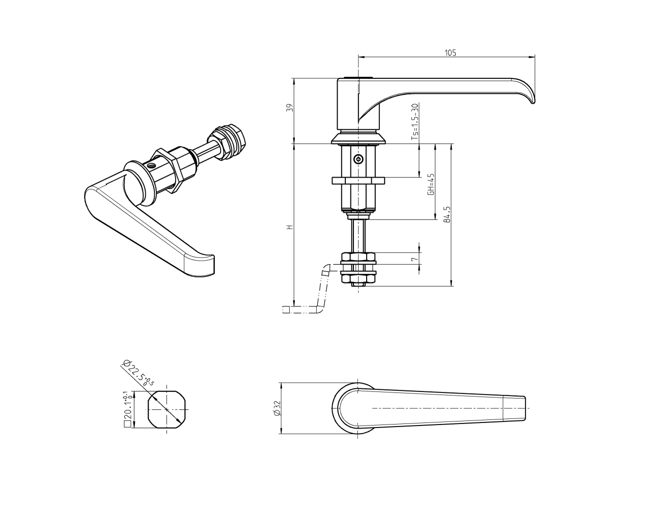 Compression latch, handle 90°, die-cast zinc, L-handle, stroke=6mm, adjustable, plate thickness=1,5-30mm