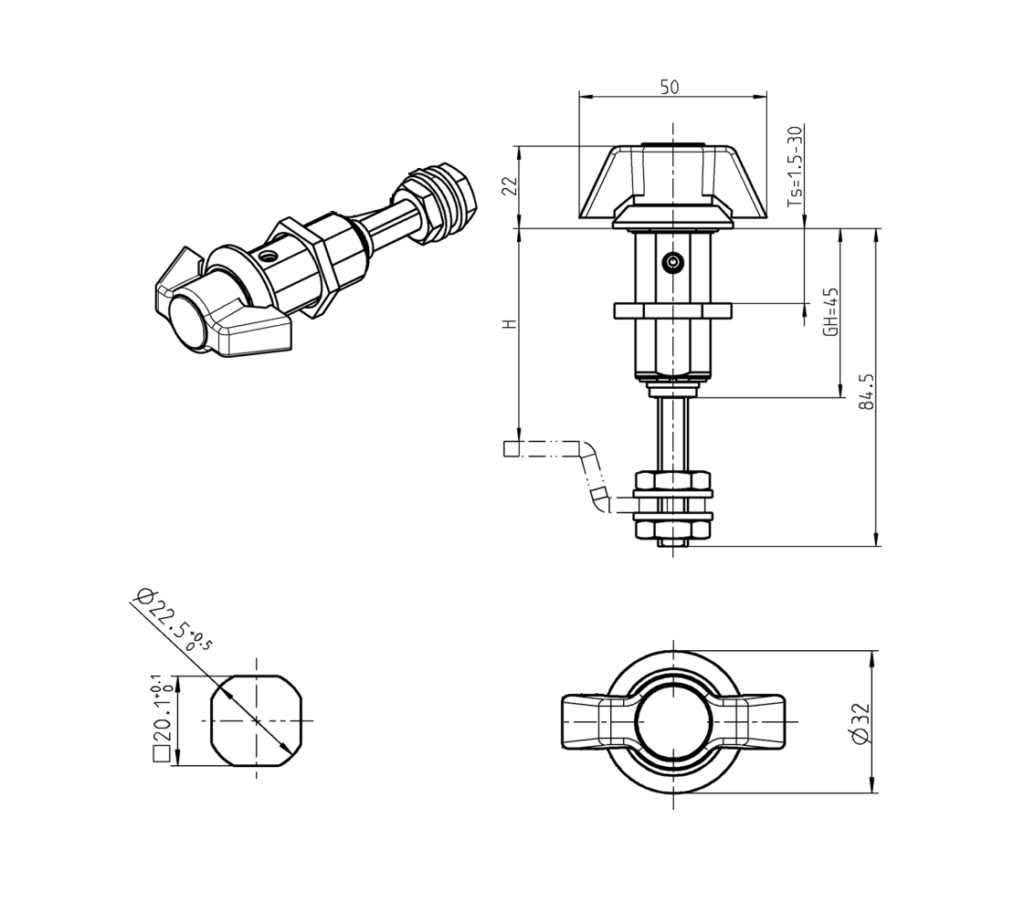 Compression latch, handle 90°, die-cast zinc, Wing handle, stroke=6mm, adjustable, plate thickness=1,5-30mm