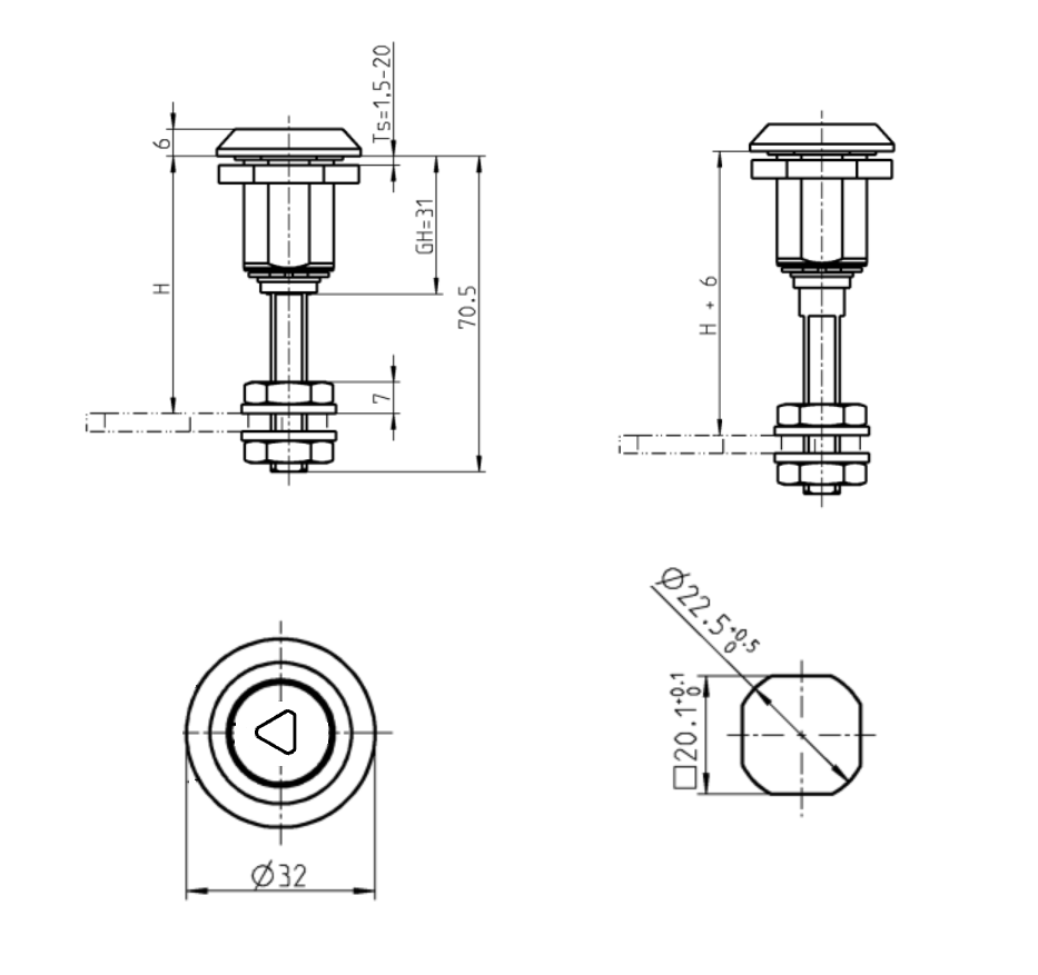 Compression latch, insert 90°, die-cast zinc, Triangular 7, stroke=6mm, adjustable, plate thickness=1,5-20mm