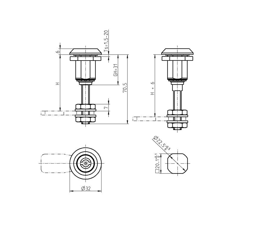 Compression latch, insert 90°, die-cast zinc, DIN 3, stroke=6mm, adjustable, plate thickness=1,5-20mm