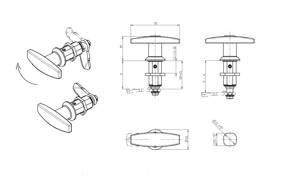 Compression latch, handle 90°, die-cast zinc, T-handle, stroke=6mm, not adjustable, plate thickness=1,5-30mm