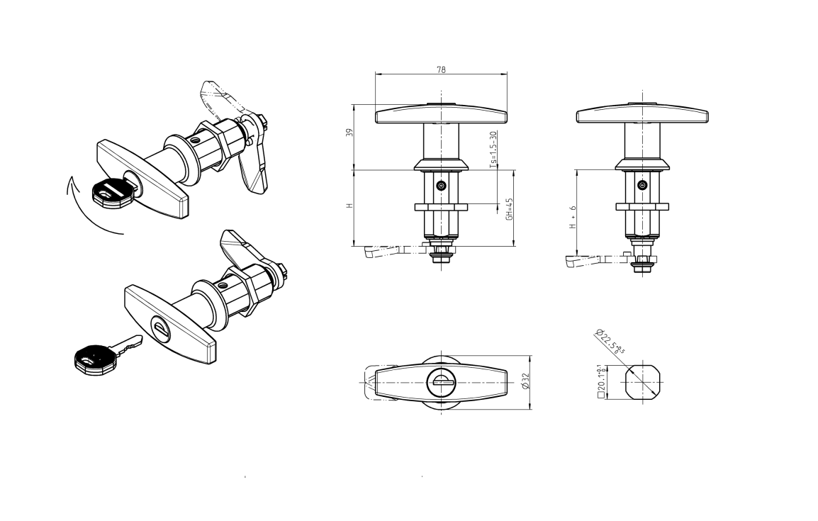 Compression latch, handle 90°, die-cast zinc, T-handle, stroke=6mm, not adjustable, plate thickness=1,5-30mm