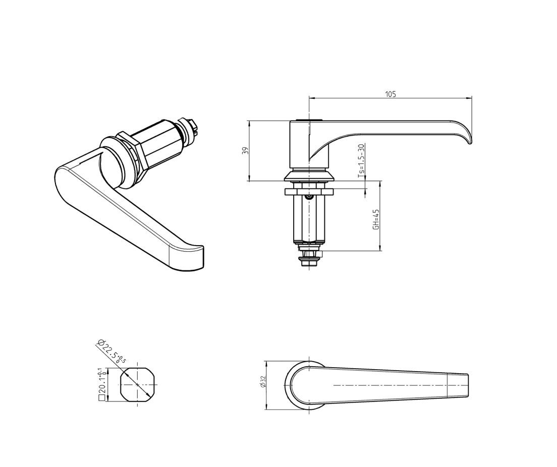 Compression latch, handle 90°, die-cast zinc, L-handle, stroke=6mm, not adjustable, plate thickness=1,5-30mm