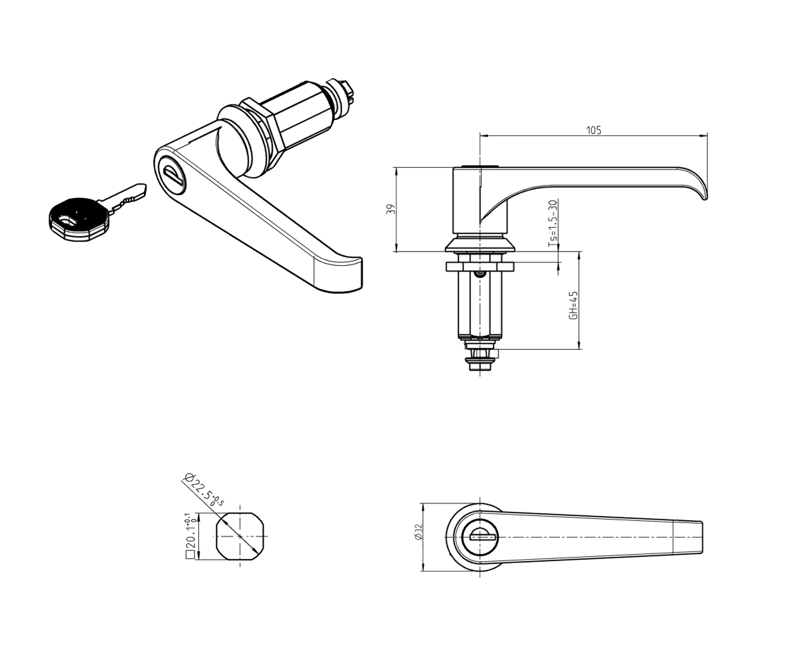 Compression latch, handle 90°, die-cast zinc, L-handle, stroke=6mm, not adjustable, plate thickness=1,5-30mm