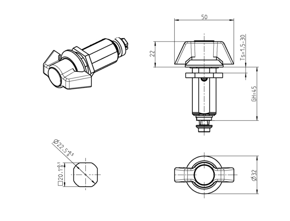 Compression latch, handle 90°, die-cast zinc, Wing handle, stroke=6mm, not adjustable, plate thickness=1,5-30mm