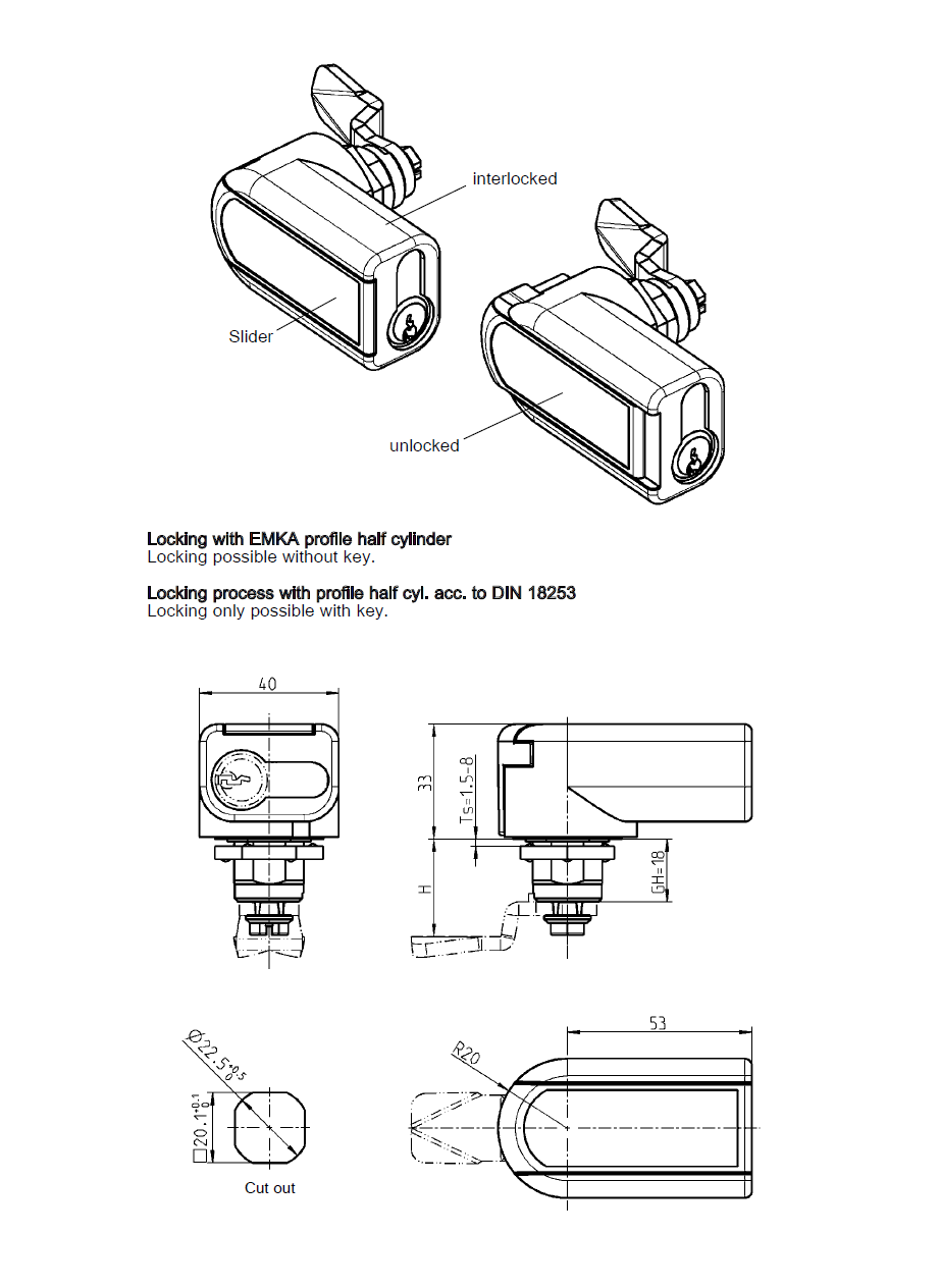 Housing with l-handle, profile half cylinder, die-cast zinc, L=53mm, GH=18mm, plate thickness=1,5-8mm
