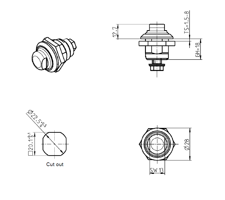 Hygienic Latch, acid proof stainless steel, D=28mm, GH=18mm, plate thickness=1,5-8mm