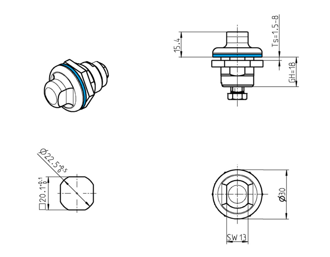 Hygienic Latch, acid proof stainless steel, D=30mm, GH=18mm, plate thickness=1,5-8mm