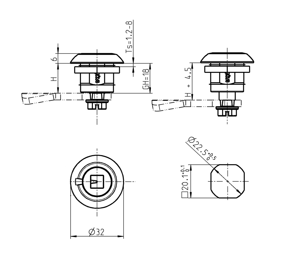 Compression latch, insert 90°, die-cast zinc, Square 8, stroke=4,5mm, not adjustable, plate thickness=1,2-8mm