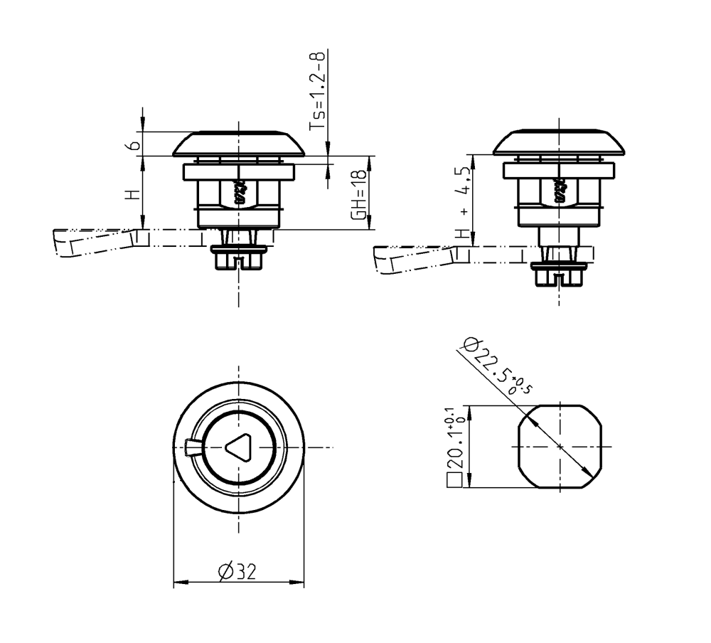 Compression latch, insert 90°, die-cast zinc, Triangular 8, stroke=4,5mm, not adjustable, plate thickness=1,2-8mm