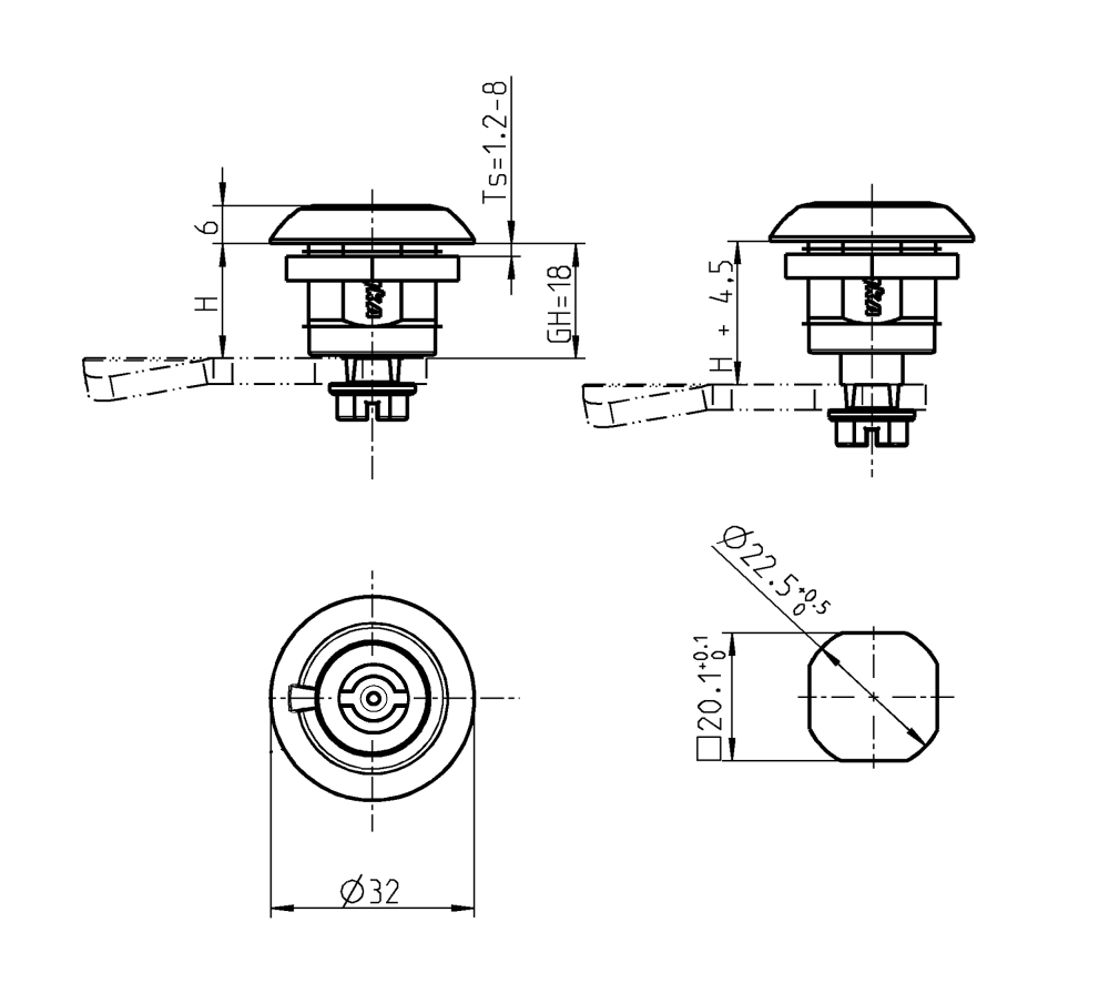Compression latch, insert 90°, die-cast zinc, Double bit 3, stroke=4,5mm, not adjustable, plate thickness=1,2-8mm