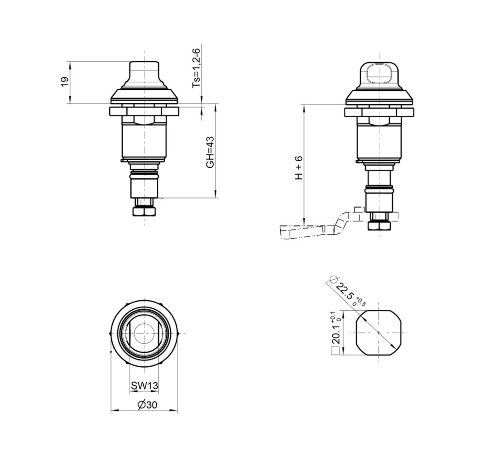 Hygienic Latch, acid proof stainless steel, D=30mm, GH=43mm, plate thickness=1,2-6mm