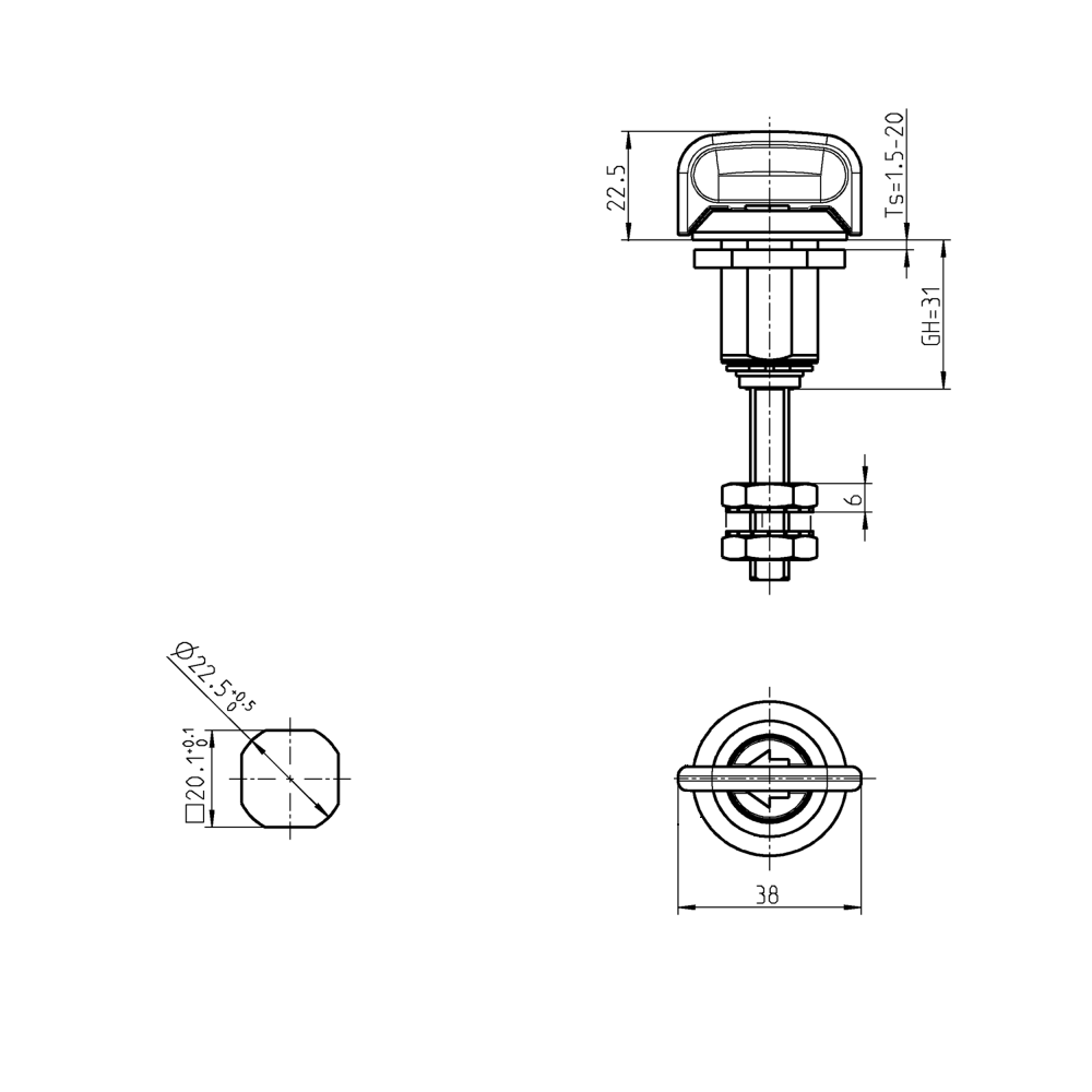 Compression latch, handle 90°, die-cast zinc, Wing handle, stroke=6mm, adjustable, plate thickness=1,5-20mm