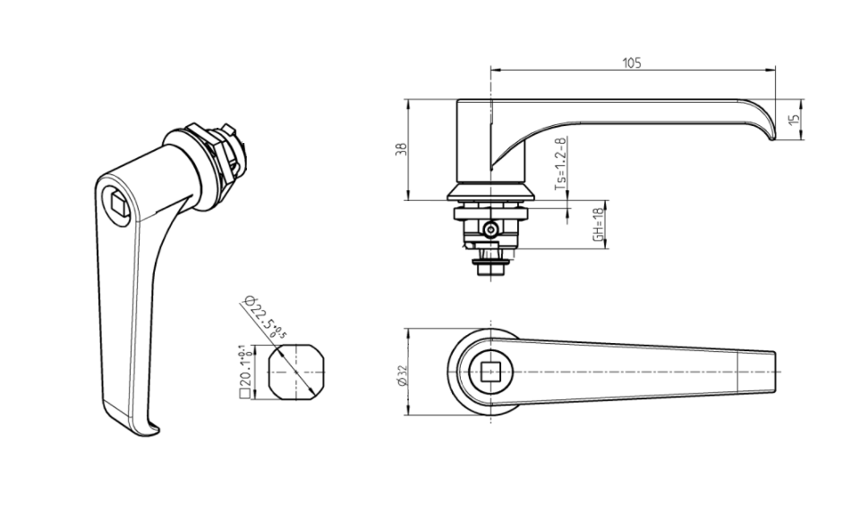 Housing with L-handle, square 7, die-cast zinc, L=105mm, GH=18mm, plate thickness=1,2-8mm