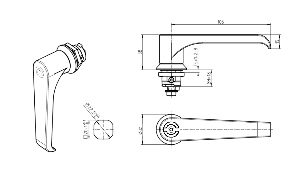 Housing with l-handle, din 5, die-cast zinc, L=105mm, GH=18mm, plate thickness=1,2-8mm